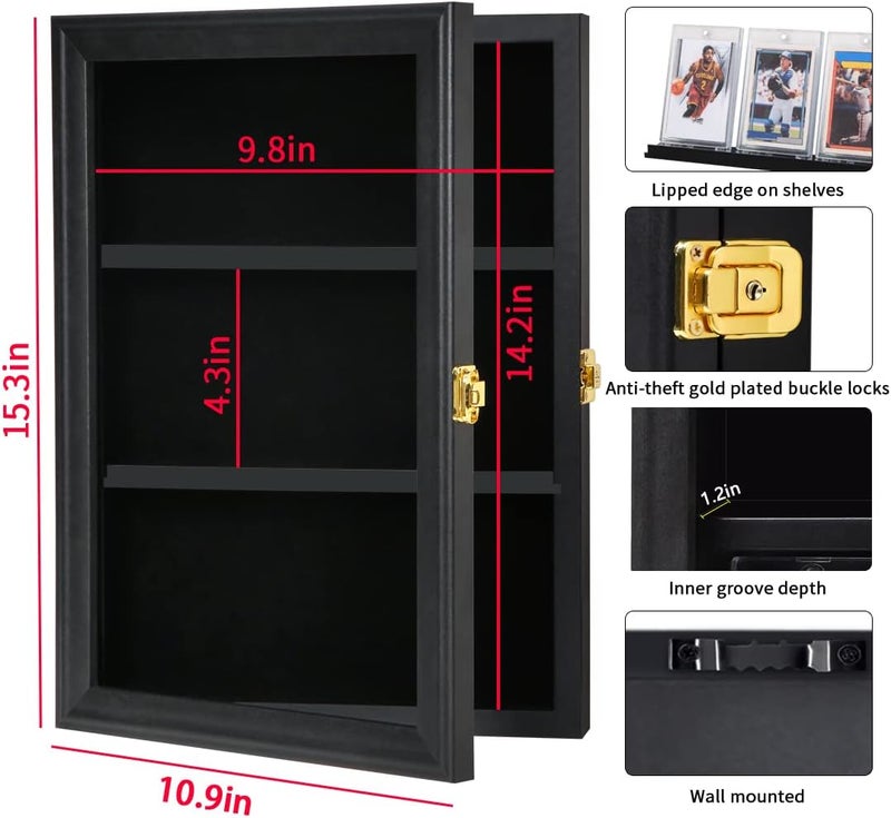 VERANI Baseball Card Display Case - Sports Card Display Frame - Holds Sport Cards with UV Protection Clear View Lockable Wall Cabinet for Football Basketball Hockey Trading Card Black - Image 2